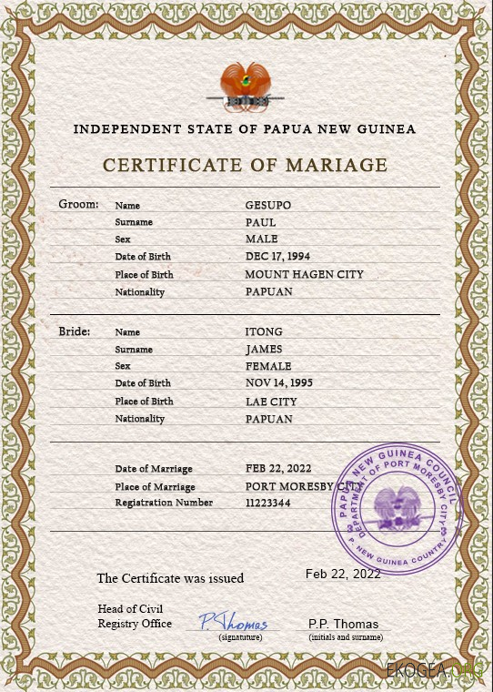 Modèle PSD de certificat de mariage en Papouasie Nouvelle Guinée